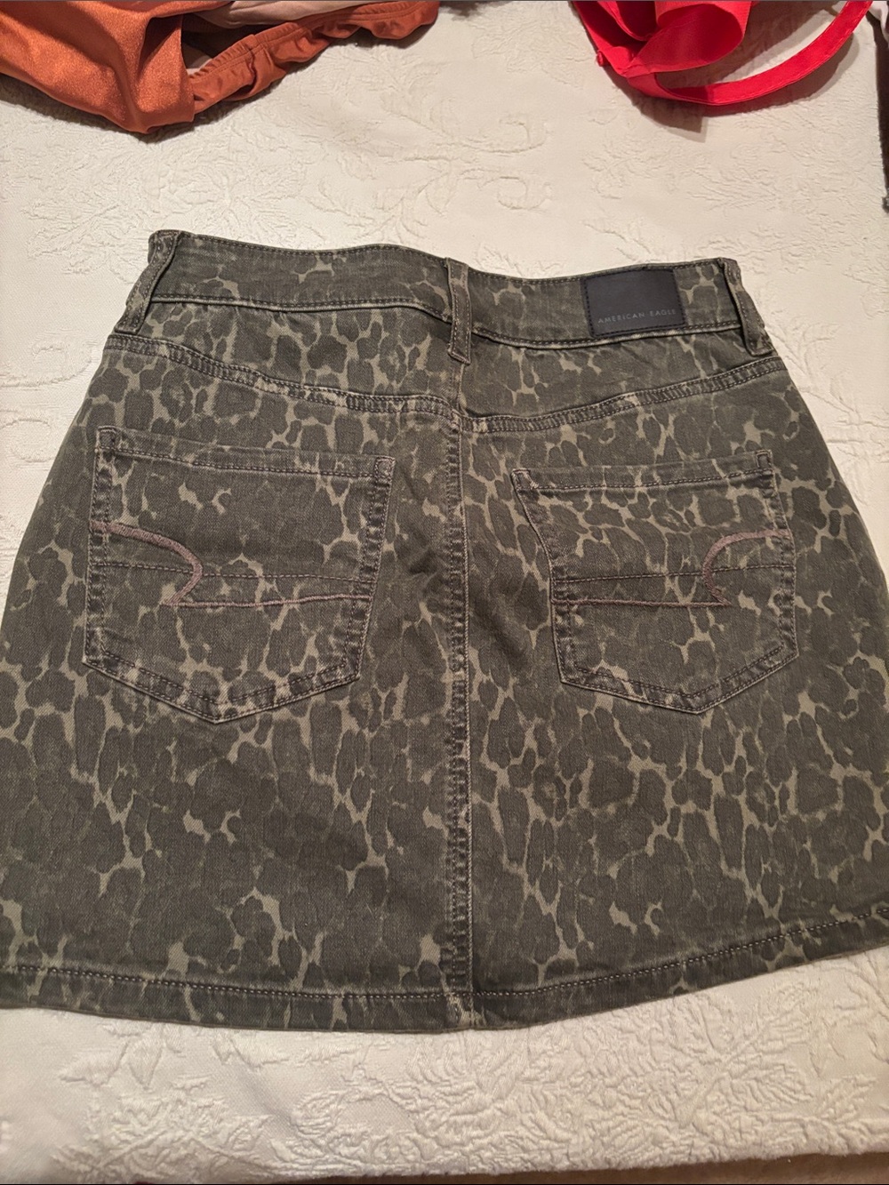 American Eagle Washed Olive Leopard-Print Denim Skirt - Picture 3 of 4